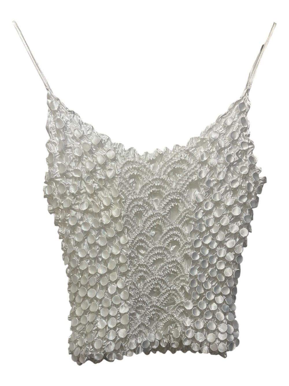Y2K Vintage Popcorn Ivory Crochet Scalloped Panel Camisole Bubble Crop Tank